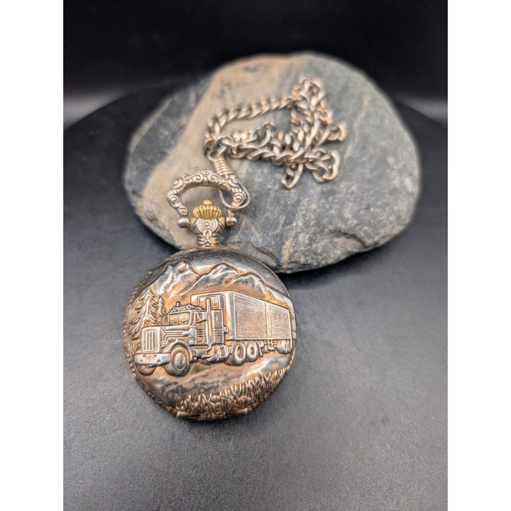Semi‑Truck Pocket Watch • Mountain Scene Case • Quartz Japan Movt • No Movement